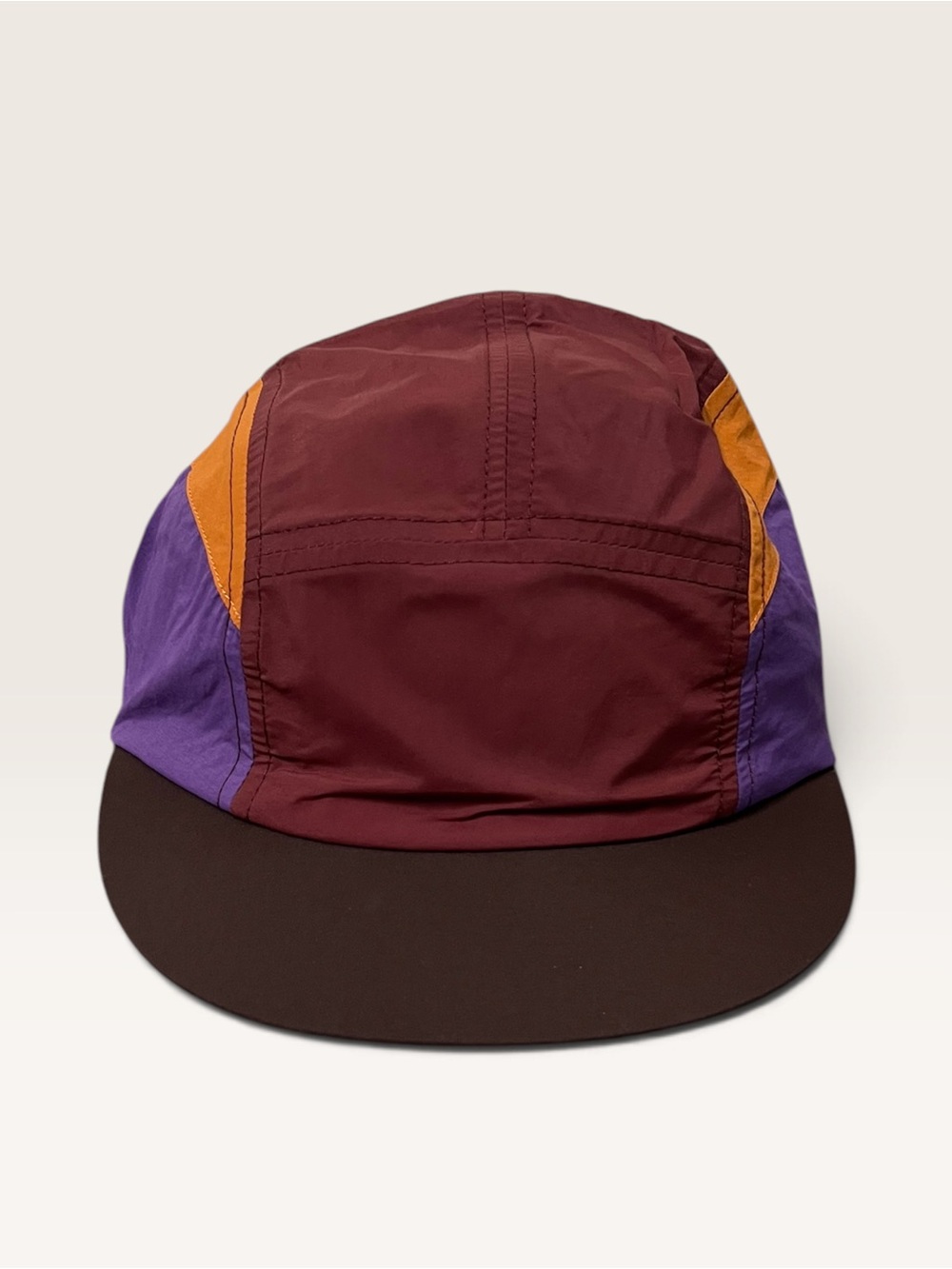 Colorblocked Five-Panel Cap in Maroon, Purple & Orange